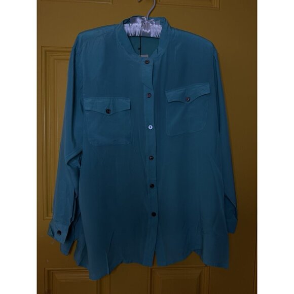 Linea Louis Dell'Olio Blouse Top Size 2X Button Up Silk Tiffany Blue - Picture 7 of 9
